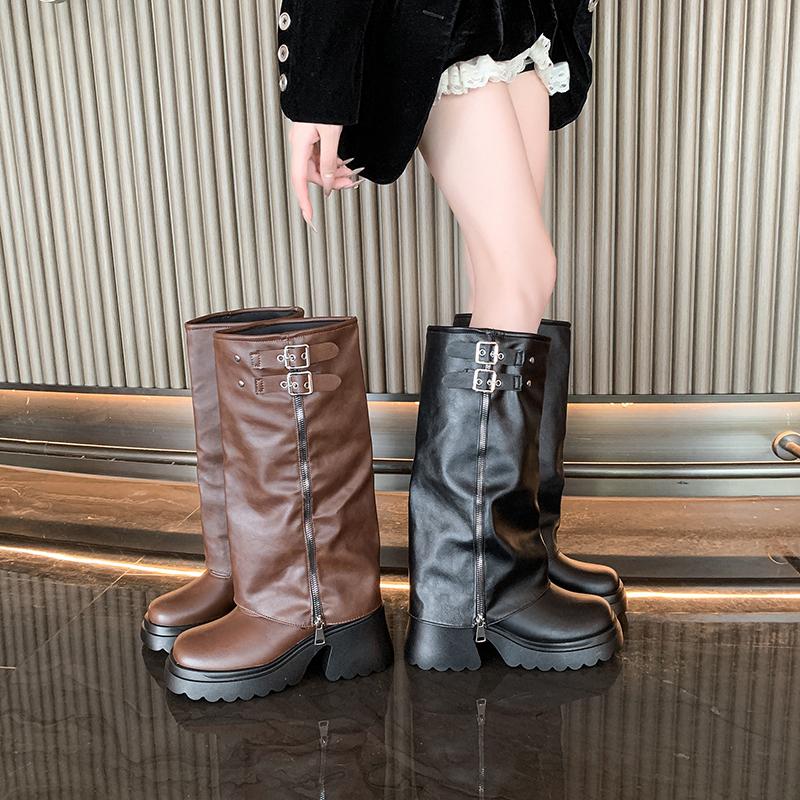 Fashion 2025 New Autumn Winter Chunky Women Knight High Boots Fashion Platform Flats Trouser Long Booties Female Western Cowboy Shoes