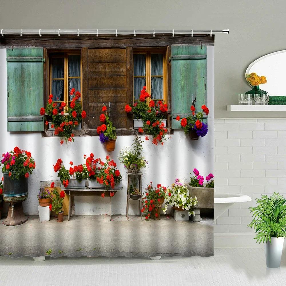 3D Landscape Shower Curtain Garden Wooden Bridge Plant Tree Flower Natural Scenery Bathroom Decor Hanging Wall Fabric Curtain