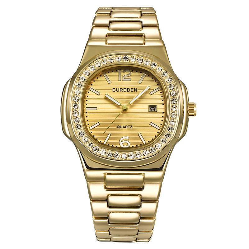 Men Original CURDDEN 1520 Brand Watches Fashion Alloy Band Diamond Golden Date Business Quartz Watch Montres De Marque De Luxe