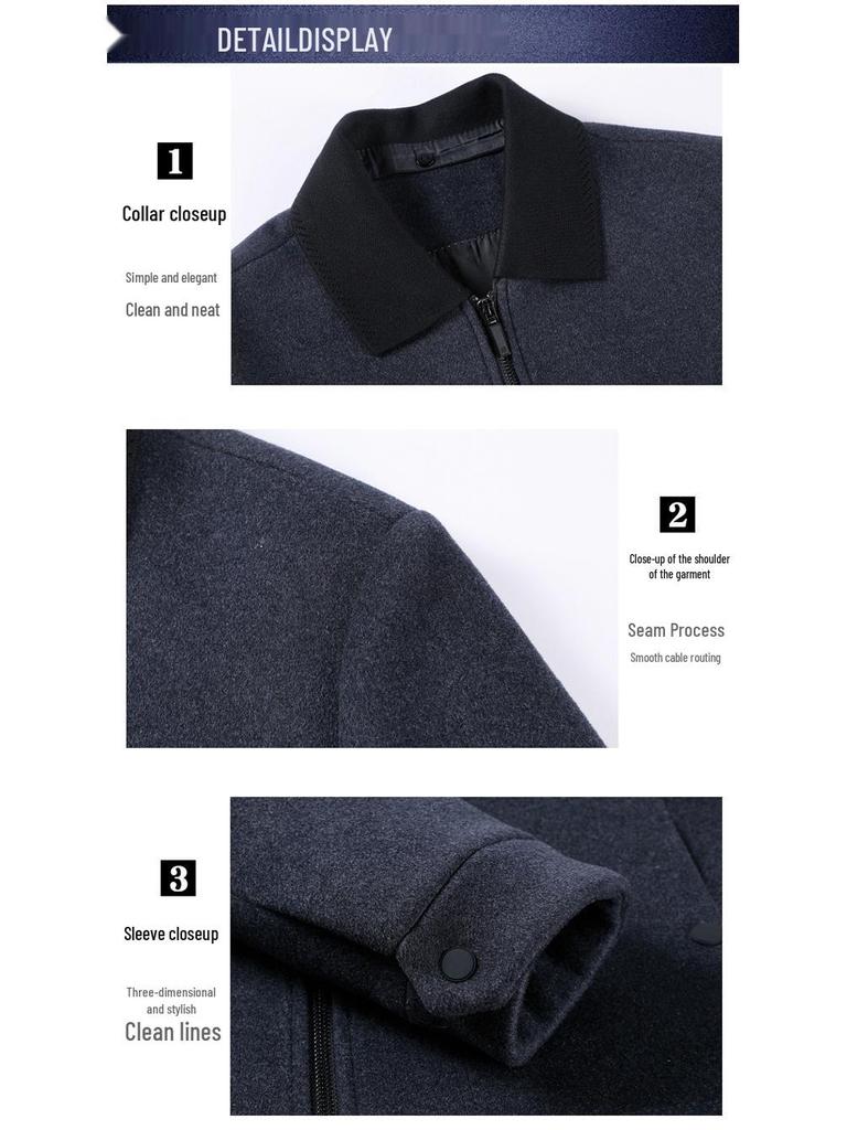 Brand Men's Woolen Baseball Collar Lapel Jacket for Middle-Aged and Elderly - Autumn/Winter Business Lambswool Overcoat