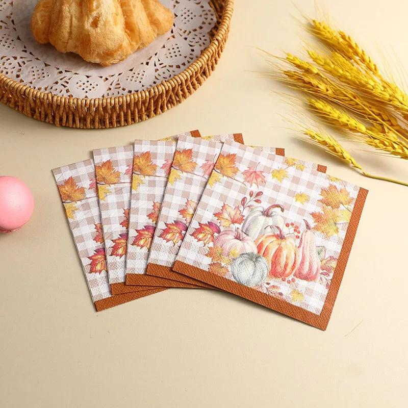 20Pcs/pack Thanksgiving Pumpkin Tissue Two Layer Printed Handkerchief Party Decoration Table Dinner Paper