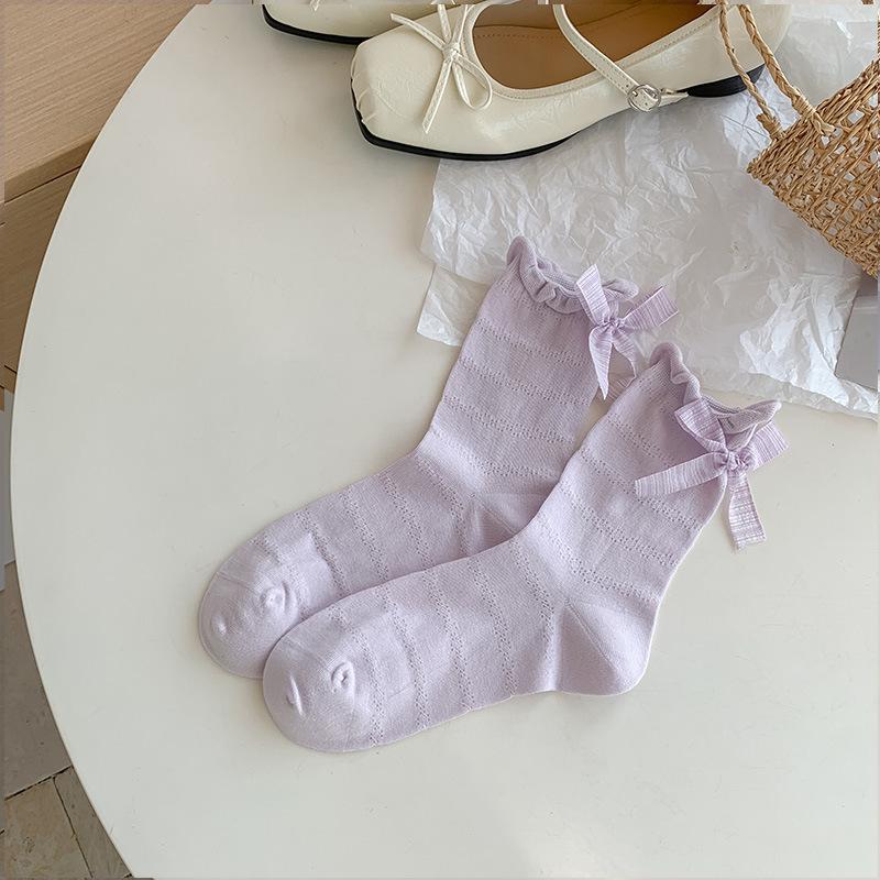 

Женские летние тонкие милые носки с бантом, с пузырчатым краем, в рубчик, впитывающие пот, бесшовные 1 pair фиолетовый