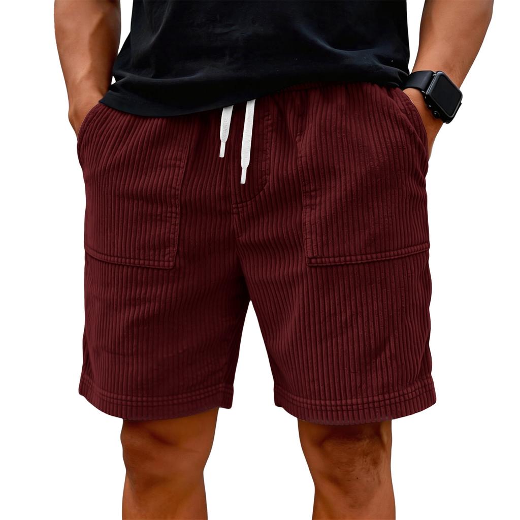 Men Corduroy Shorts with Drawstring Waist Relaxed Fit Casual Shorts with Side Pockets and Elastic Waistband