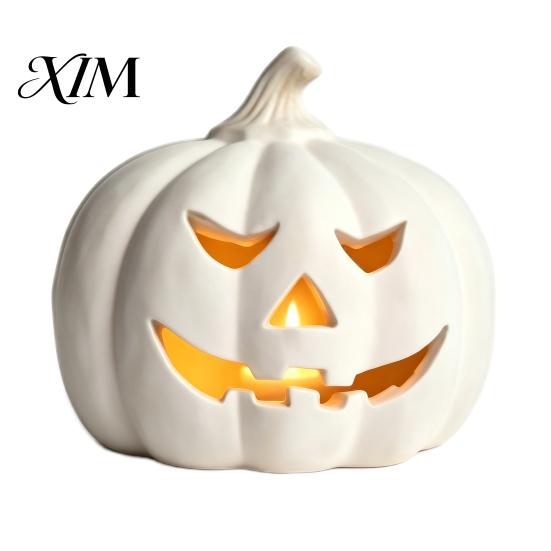 Spookachtig Seizoen Feestartikelen Halloween Pompoen Kaarsenhouder, Hars Lantaarn Theelichthouder met Feestelijke Tafeldecoraties Gesneden Gezicht voor Herfst