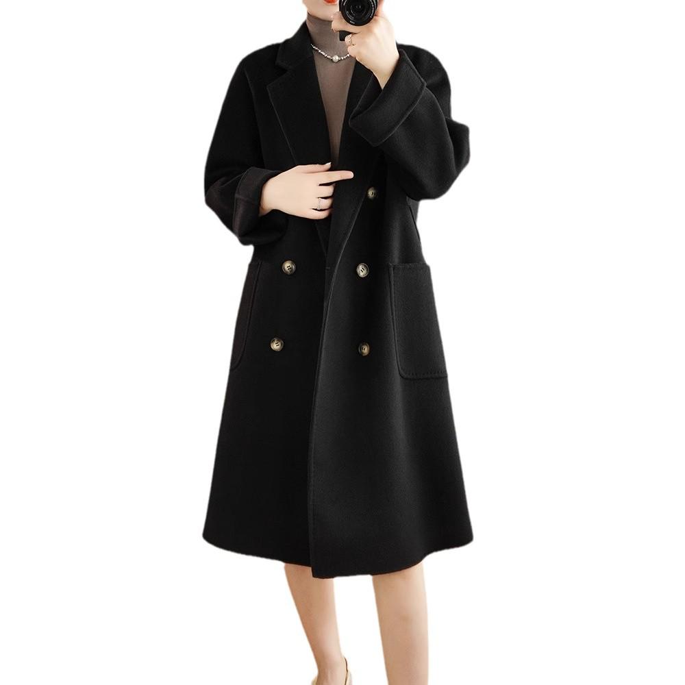 Women's Extra-Long Double-Faced Wool Trench Coat – Classic Suit Collar for Autumn and Winter.