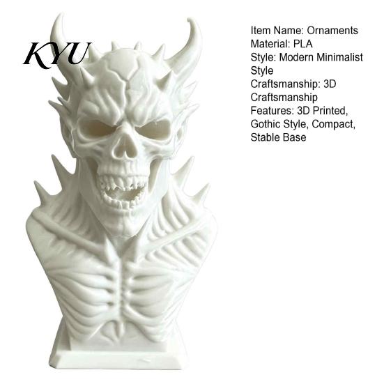 Detailed Demon Bust 3D Printed Skull Statue, Gothic Horned Skeleton Personalized Gift for Him Figurine, Mini Desktop Ornament Halloween Home