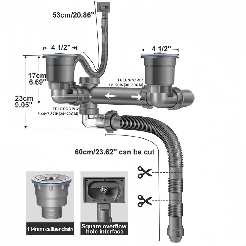 ABFS Double Sink Drain Kit Space Saving Kitchen Sink Drain Kit Expandable Flexible 1 1/2In P-Trap Pipe 3-1/2 Inch Sink Drain
