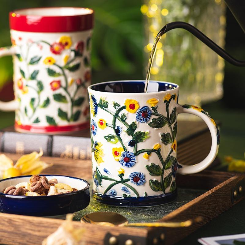 Bohemian Style Raised Floral Mug, Large Capacity Colorful Flower Tea Cup with Handle,3D Embossed Floral Ceramic Mug