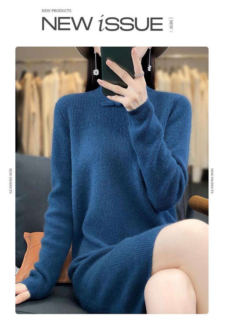 Women's Mid-Length 100% Wool Sweater Dress, Over-the-Knee, Qipao Stand Collar, Winter Slimming Fitted Knit Dress