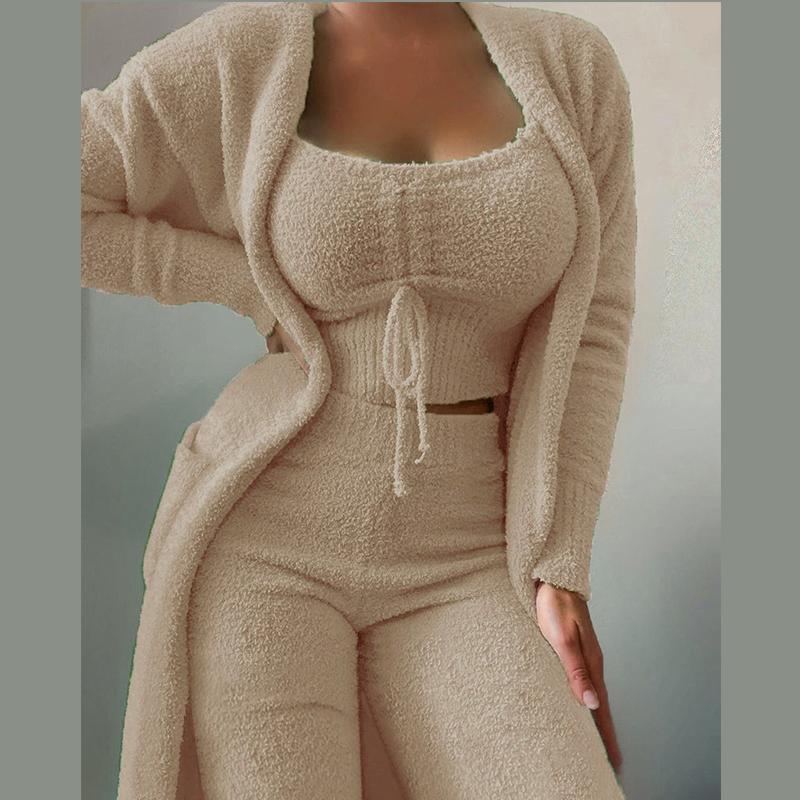 

Женский флисовый комплект из 3 предметов, укороченная майка на тонких бретельках, широкие длинные брюки, пушистое кимоно, уютный пижамный комплект, женский брючный костюм XL абрикосовый