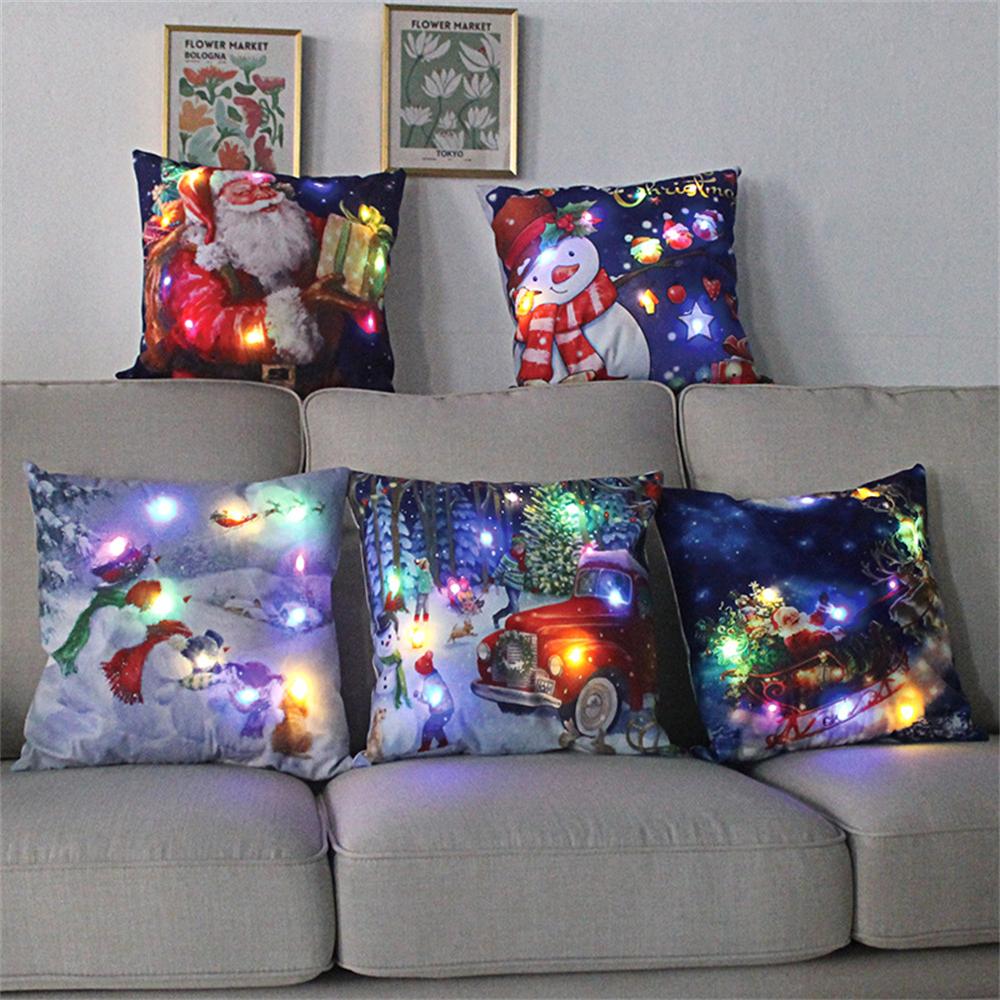 LED Light Christmas Cushion Cover Short Plush Elk Throw Pillow Case for Sofa Luminous Santa Clause Printed Pillowcase Home Decor