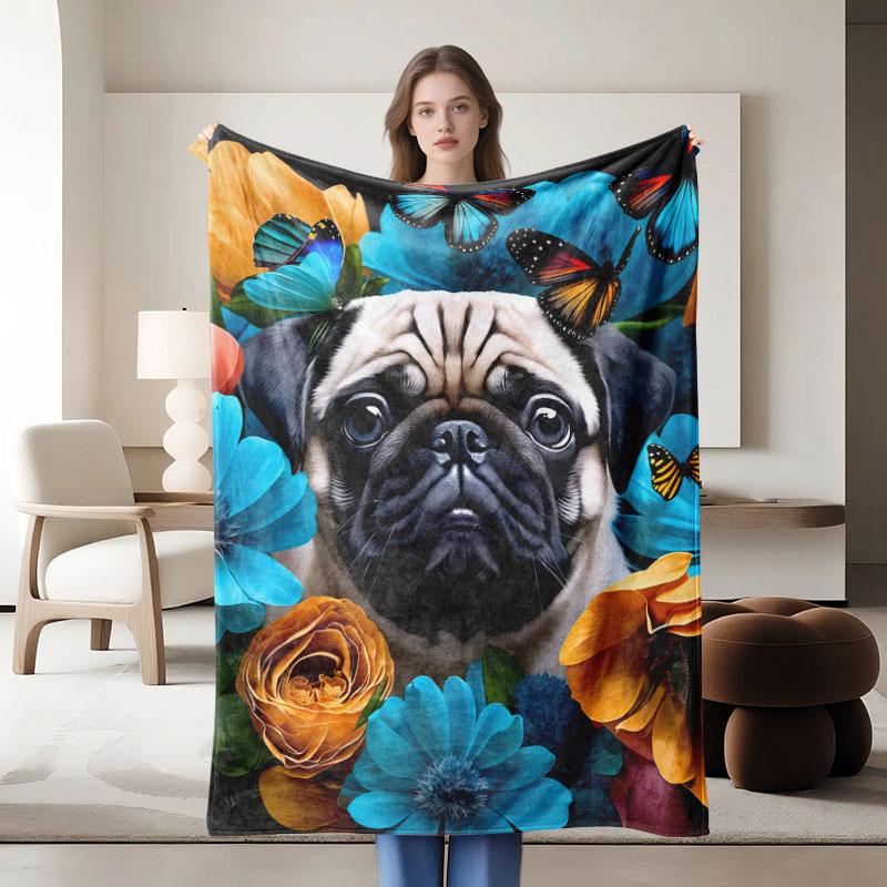 Pug-themed Fleece Blanket, Perfect for Sofa, Bed, Office; Ideal Gift for Family, Friends, Holidays.