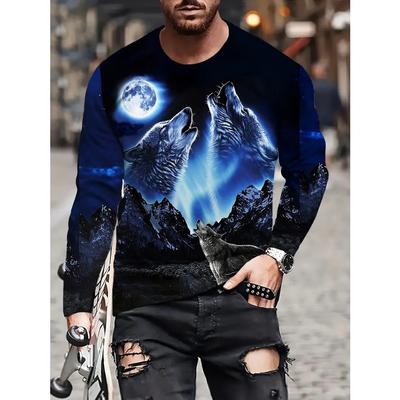 3D Printed Crew Neck Long Sleeve Wolf T-Shirt - Soft Regular Fit, Casual Style Ideal for Daily Wear and Vacation Resorts In Spring and Fall