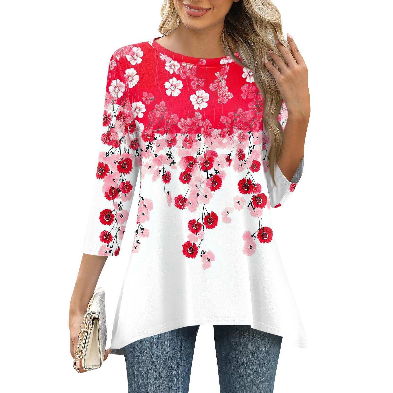 

3/4 рукав туника топы для женщин принтованный повседневный выходной свободный крой модная базовая футболка с круглым вырезом S красный