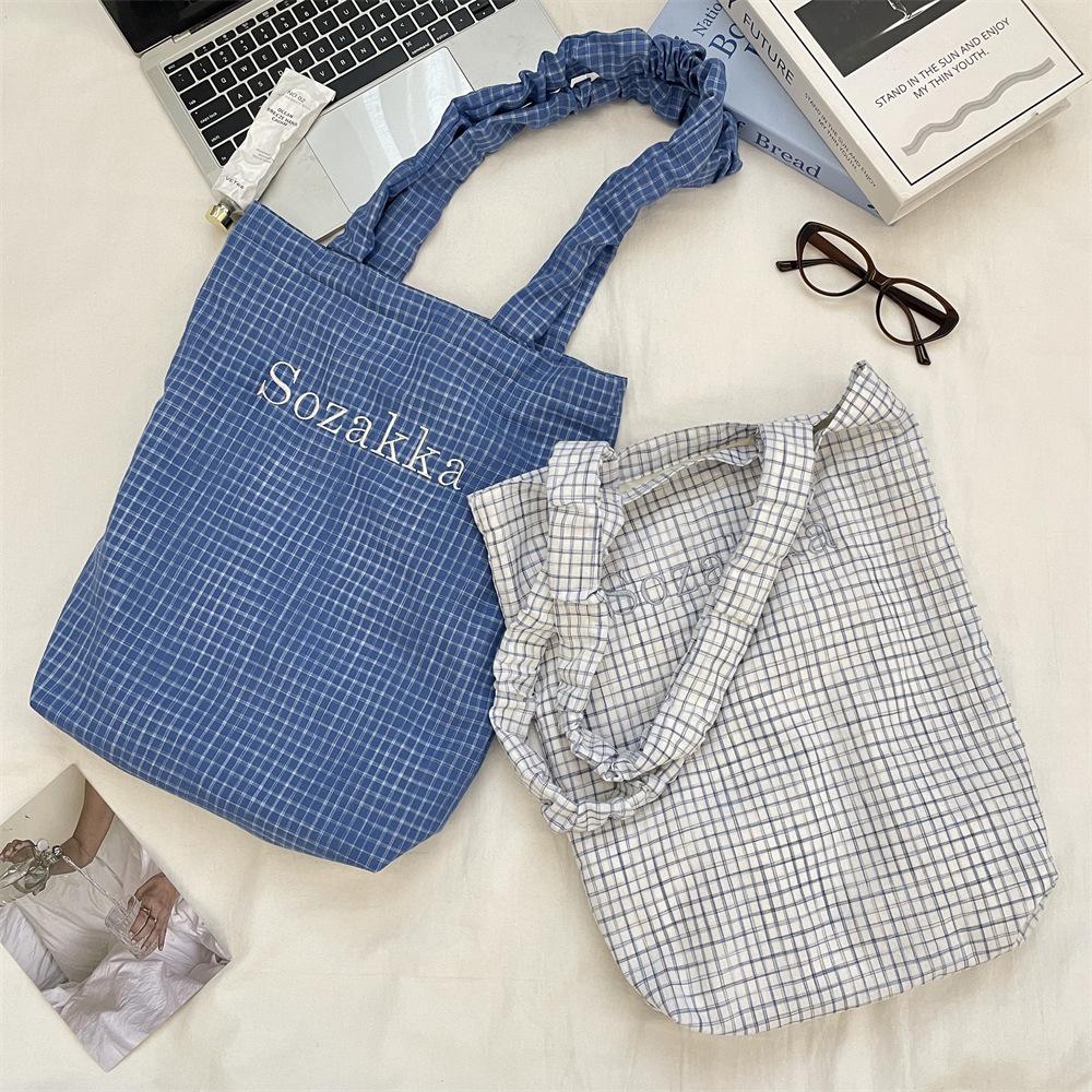 Sweet Canvas Bag Tote Bag Autumn Large Capacity Fashion Printed Plaid Contrast Shoulder Bag