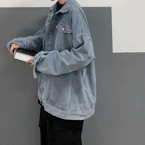 Men Denim Coat Lapel Long Sleeve Flap Pockets Single Breasted Jacket with Flap Pockets Solid Color Loose Fit Denim Outerwear
