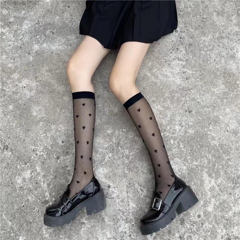 Koreanischer Lolita-Stil JK-Frauen, weiße und schwarze Schulstrümpfe, Mädchen, Herzdruck, japanische Kawaii, süße transparente kniehohe lange Socken