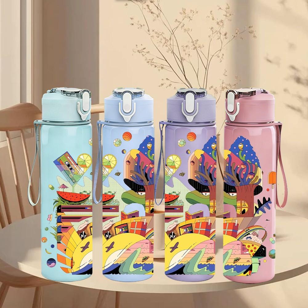 1PC Diamond Twist Abstract Graffiti Art 750ml Color Plastic Sports Water Bottle Leakproof Flip Straw Lid Suitable for Sports Office Home Use