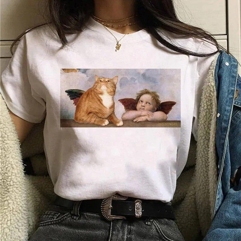 Camiseta Gato Van Gogh woUnisex estampado artístico pintura al óleo hermosa linda divertida camiseta dibujos animados años 90 ulzzang top casual camiseta mujer