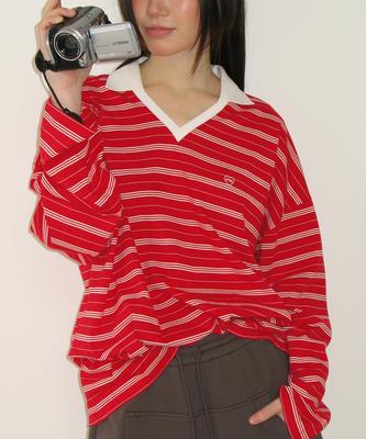 RONRON Stripe V Neck Collar Long Sleeve Red