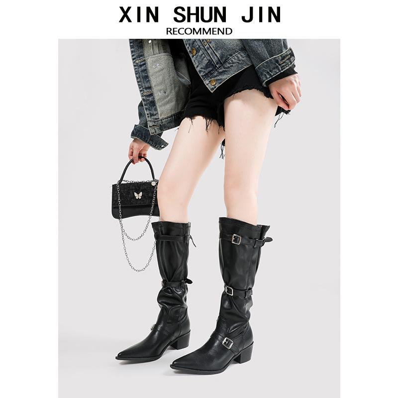 Pointed Big Tube Heap Boots Retro Western Cowboy Boots Thick Heel Hot Girl Fashion Sense Long Boots Women