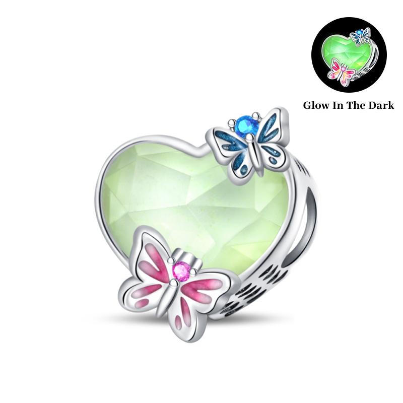 Spring Copper Pink Luminous Butterfly Flowers Charms Beads Fit 3Mm Original Bracelets Fine Diy Jewelry Birthday Gift