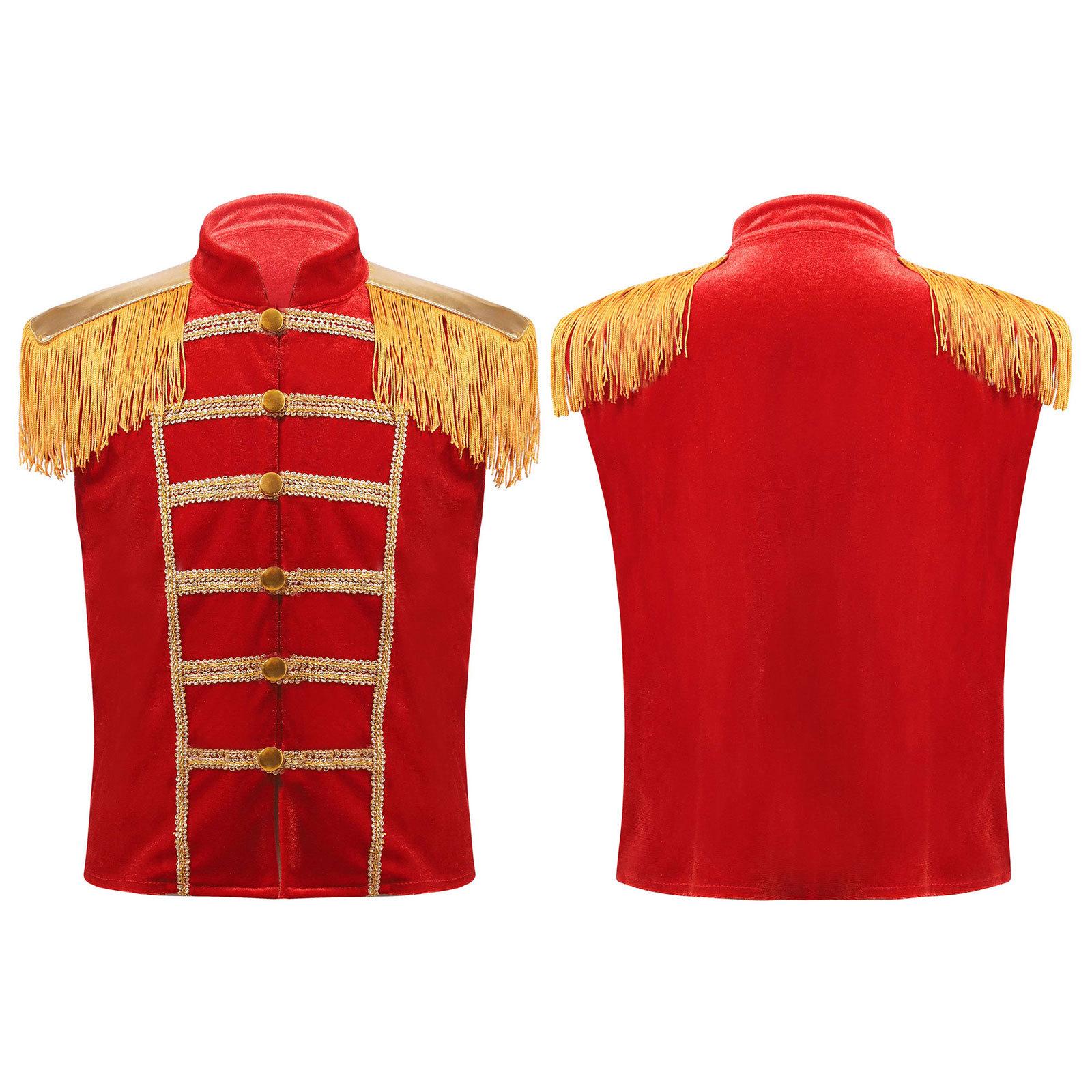 

Kids Stand Collar Sleeveless Fringe Epaulet Vest Gold Lace Decor Buttons for Circus Showman Military Drummer Cosplay Performance 11-12 Years