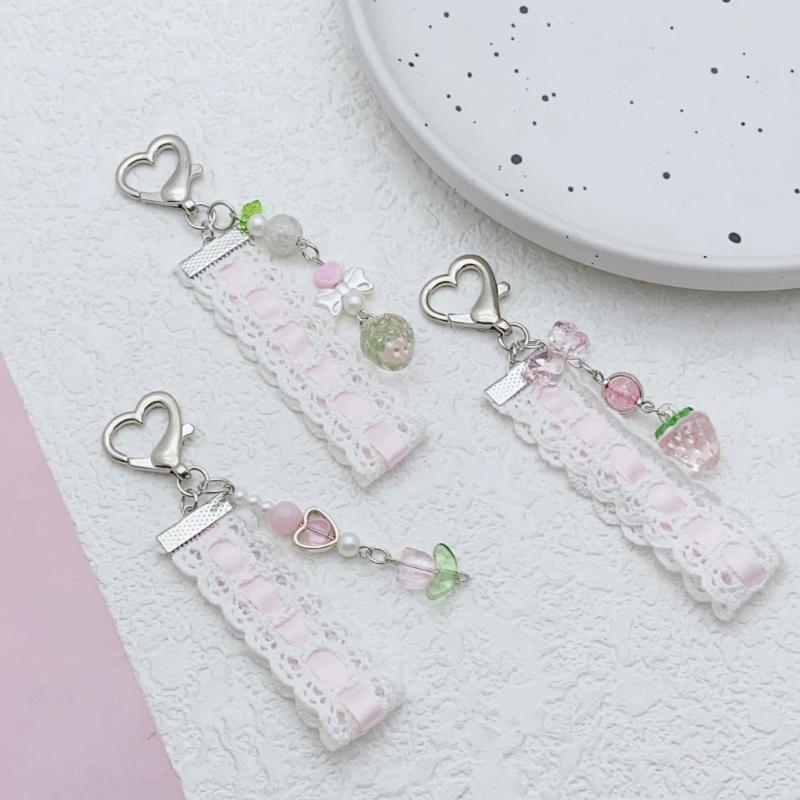 Strawberry Beaded Phone Accessory Unique Pink Lace Ribbon Beaded Phone Tassels with Strawberry and Pendant