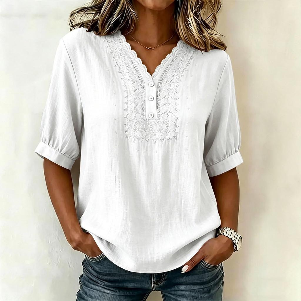 Women's Embroidered Blouse, V-Neck Button Front Short Sleeve Shirt, Casual Summer Top