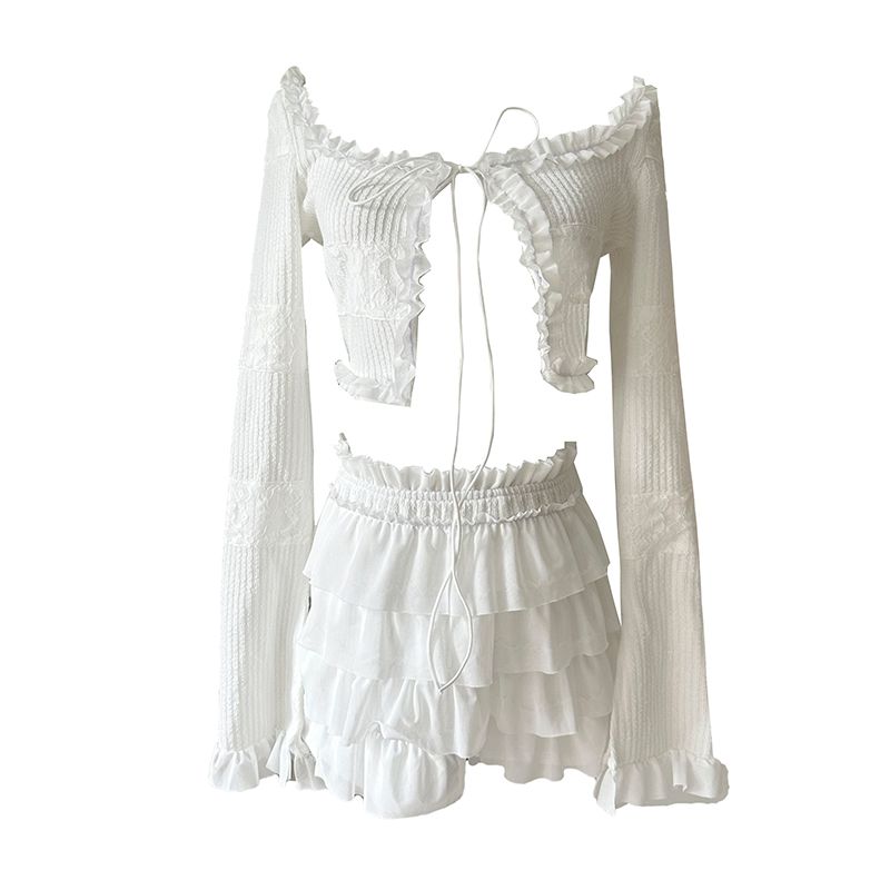 

Kkx Pure Desire Sexy Tied Long Sleeves Cardigan Knitting Tops Street Ruffles Mesh Tiered Skirt Suit White L
