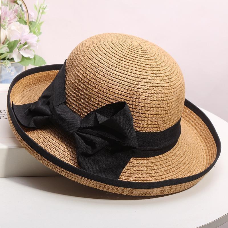 Elegant Straw Sun Hat with Black Big Bow - Wide Brim, White & Black Dome, Perfect for Summer and Formal Occasions,Tea Party