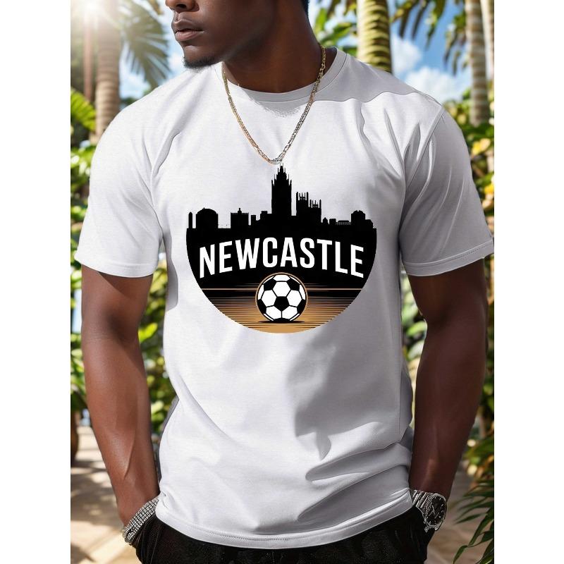 Европейские размеры Мужская футболка Newcastle Football | Повседневная футболка с коротким рукавом с надписью  Newcastle , Ретро 2D принт с футболистом, Круглый вырез S белый