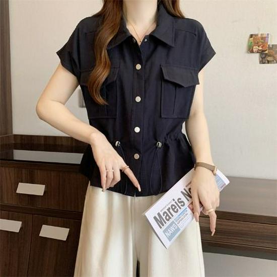 

Plus Size Women s Belly-Concealing PLOL Neck Summer Workwear Shirt with Slimming Drawstring Design S (Recommended for 42.5-47.5 kg) темно-синього кольору