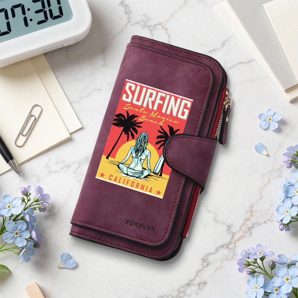 Surfing Pattern Multi Card Long Wallet Fashion Casual Portable Zipper Purse for Daily Use
