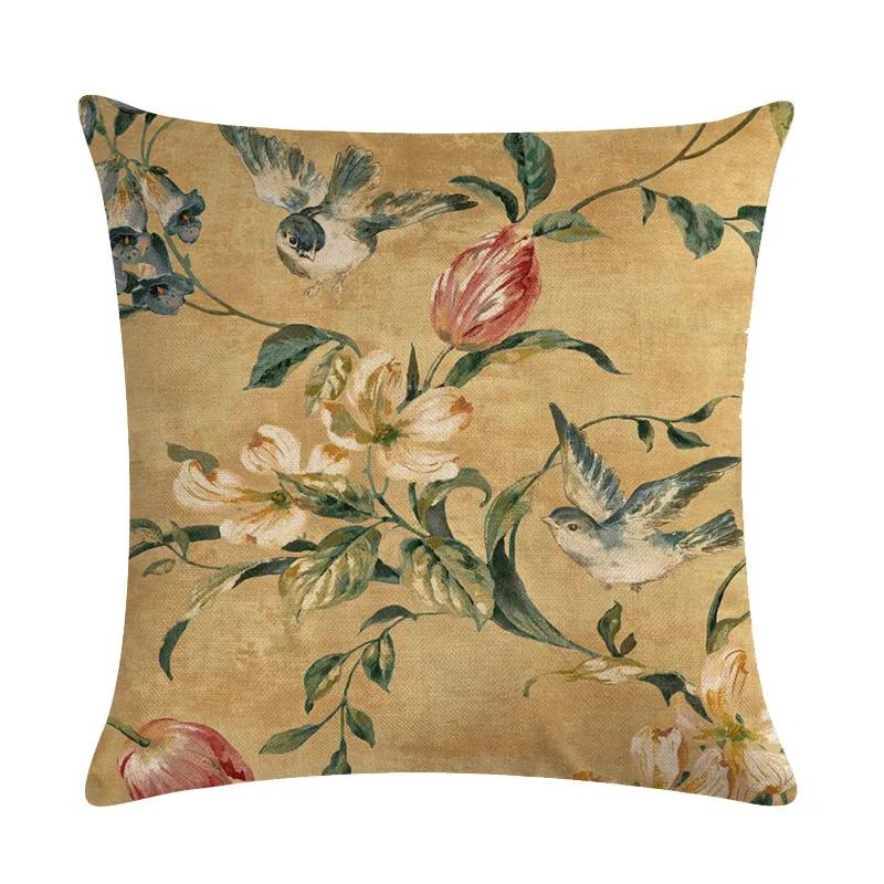 American Country Flower Bird Series Flax Embrace Pillowcase Home Sofa Adornment Cushion Cover 45*45cm