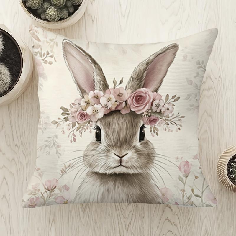 1Pc Bunny Flower Wreath Printed Throw Pillow Cover, Suitable For Sofa, Bedroom, Living Room, A Healing Gift For Animal Lovers.