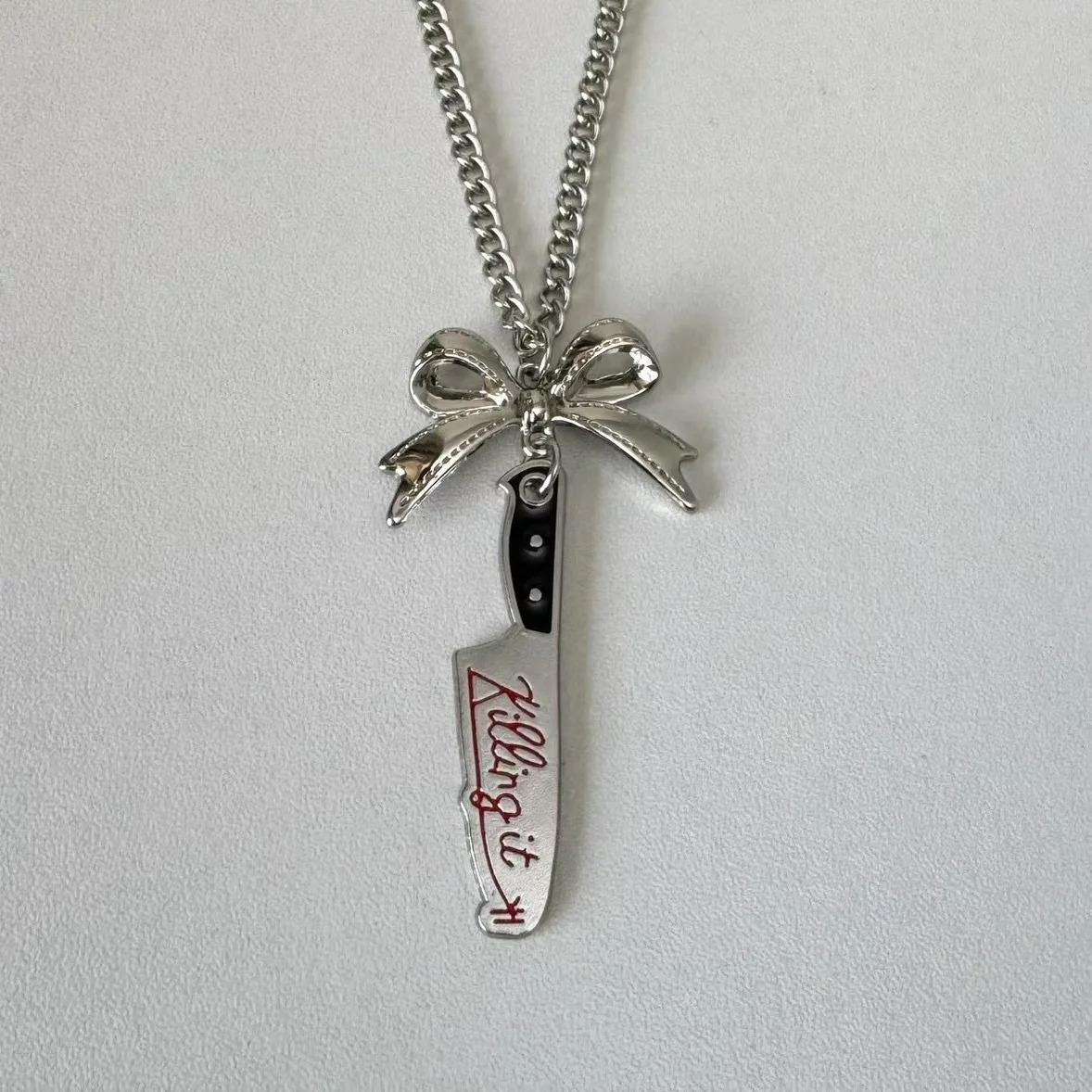 

Dark Gothic Punk Bow Stiletto Simulation Tool Pendant for Ladies Y2k Party Zircon Cool Hip Hop Necklace Earrings 2026 Best Gift