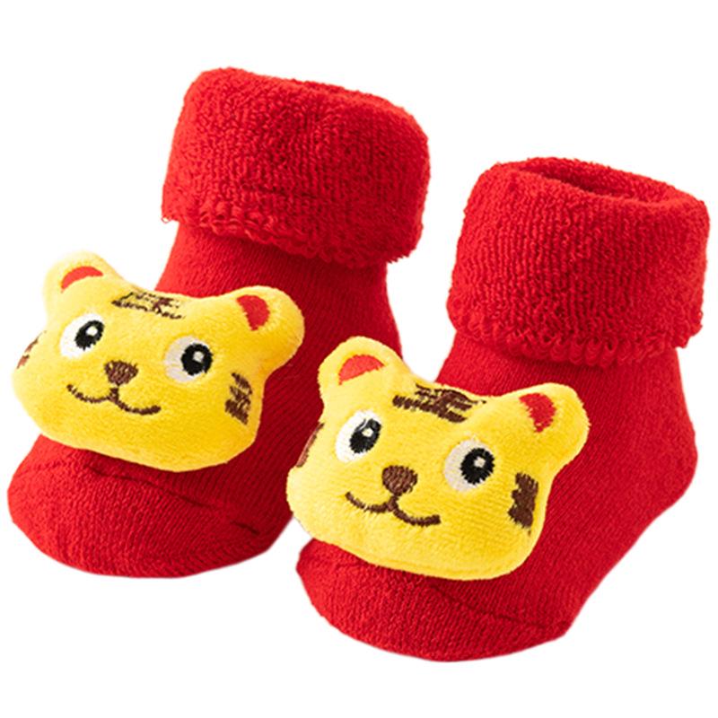 Newborn Red Non-slip Plush Socks for Autumn/Winter - Warm Terry Christmas Floor Socks for Babies and Toddlers.