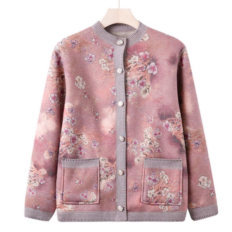 Mom's New Knitted Sweater Cardigan Jacket Medium and Old Sweater Female Grandma Autumn Clothing Fleece Thickened Top