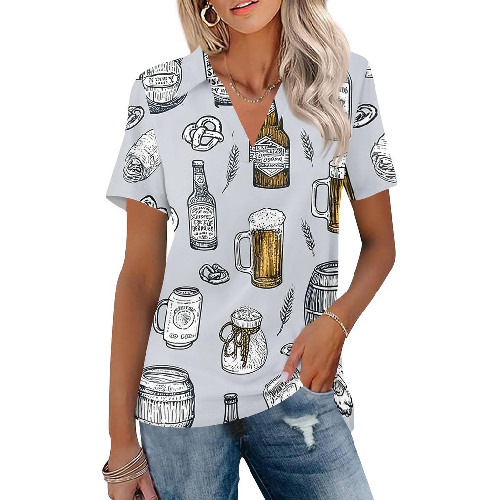 Women Casual V Neck Short Sleeve Polo Shirt Oktoberfest Print Collared Top Lightweight Summer Blouse