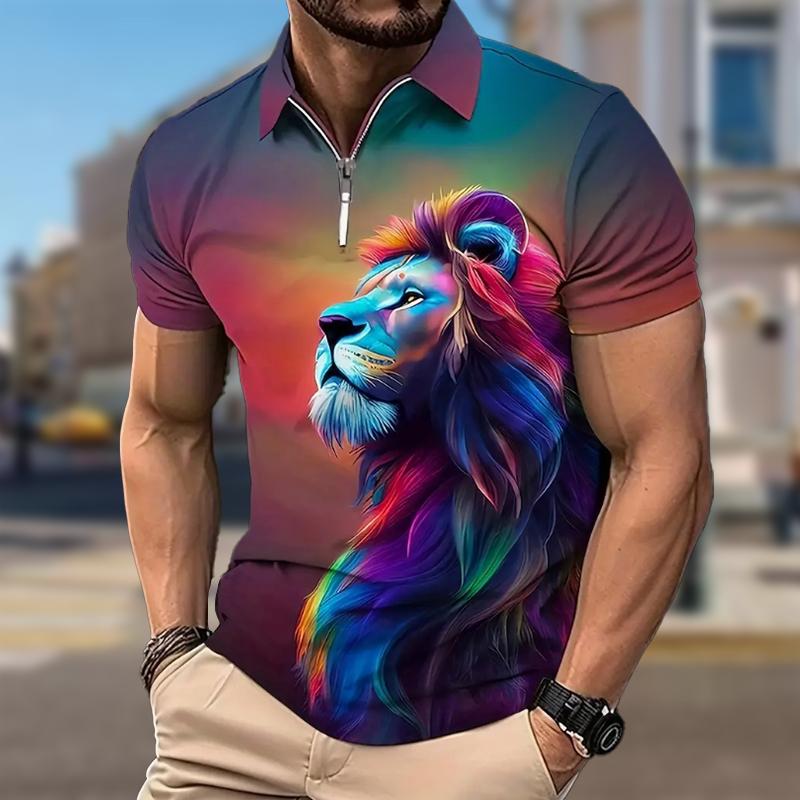 Happy Show Heren Shirt Polo Casual Rits Korte Mouw Mode Casual Rits Zomer Lente Regular Fit Dierenprints 3D Print Shirt M