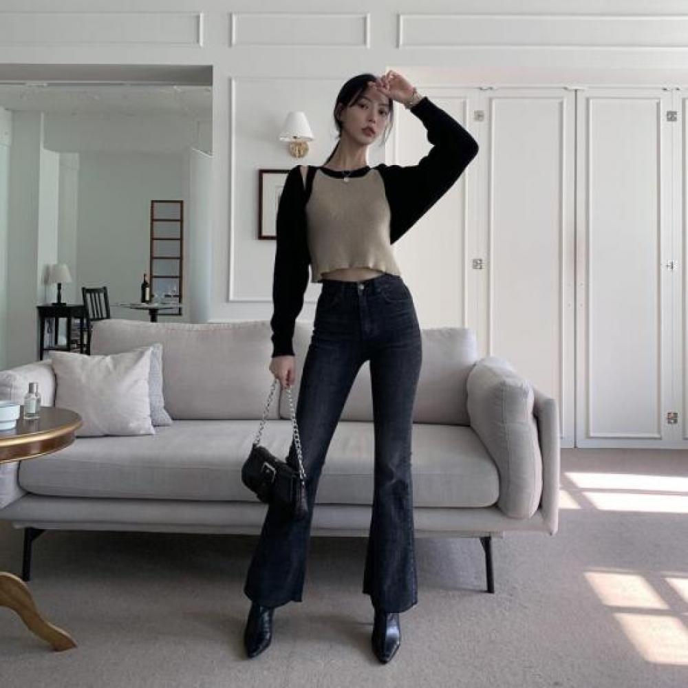 New Arrivals Open Run Women Slit Bootcut Denim Pants Autumn Washed
