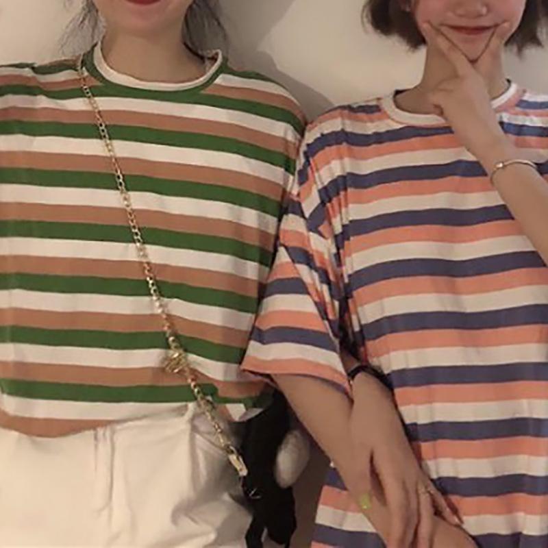 Pasiasty T-shirt Damski Letni Nowy Krótki Rękaw Luźny Koreańska Wersja Student Retro Styl Hongkoński Ins Wszechstronny Top Ubrania