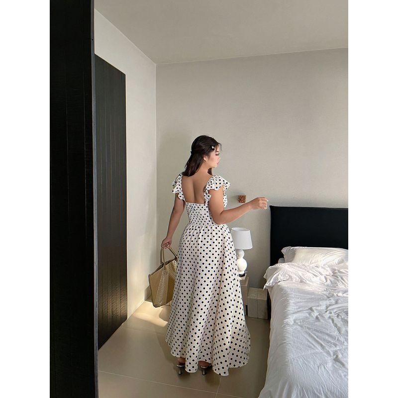 Brother Nan Chubby French Style High Sense Polka Dot Dress Women Summer New Plus Size Waist Hugging Slimming Split Long Dress