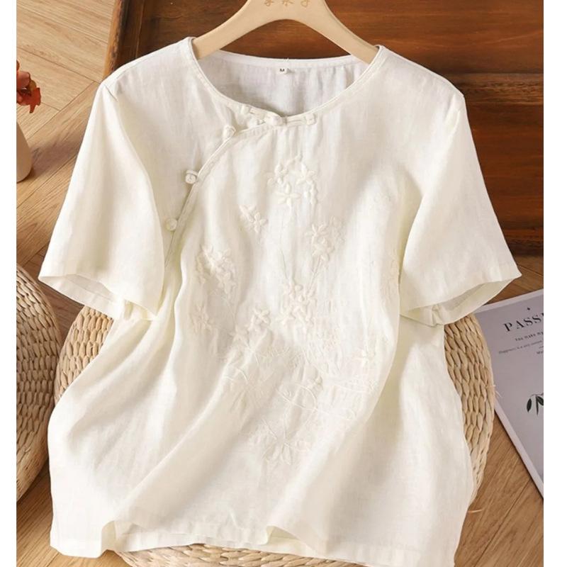 

2024 Женский ретро топ из хлопка и льна с вышивкой, коротким рукавом, диагональной планкой и пуговицами-лягушками XXL 130-145 jin