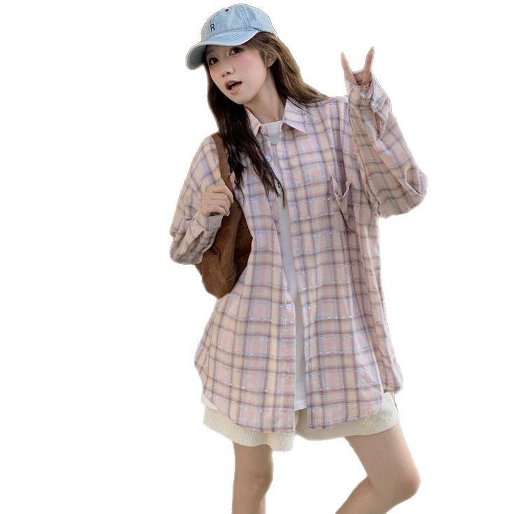 Korean pink plaid shirt for women, spring/autumn new style, loose, lazy, casual long-sleeve shirt, chic top