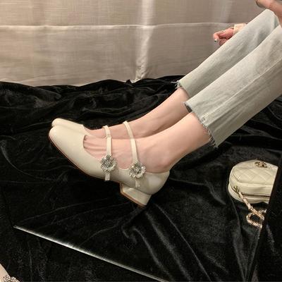 French Square Head Rhinestones with Coarse Heels Mary Jane Single Women's Wedding Shoes Low Heels Double Diamond Buckle