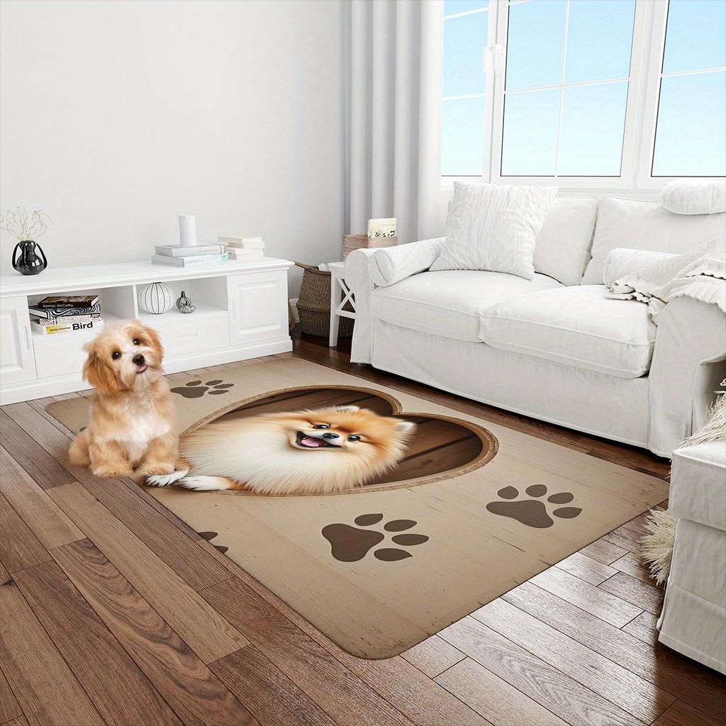 1pc Flannel Floor Mat, Outdoor Indoor Door Mat Souvenir and Holiday Gift, Cute Pomeranian Peeking Heart-Shaped Cardboard Box