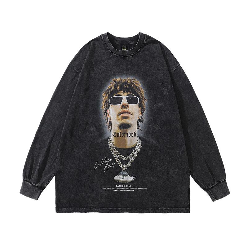 High Street Printed Sweater Ins American Retro Trendy Brand Washed Old Oversize Cotton Long Sleeve T-Shirt Men