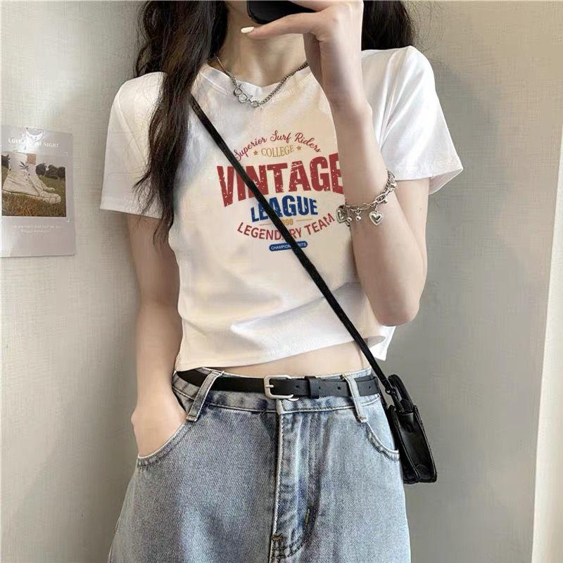 

Shoulder T-Shirt Women s Short Sleeve Pure Cotton Summer Unique Bare Midriff High Waist round Neck Minimalist Hot Tops Fashion Short Fashion White short [VIN1990]] M